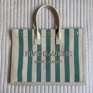 Saint Laurent Linen Calfskin Striped Rive Gauche Tote Water Green brand new!
